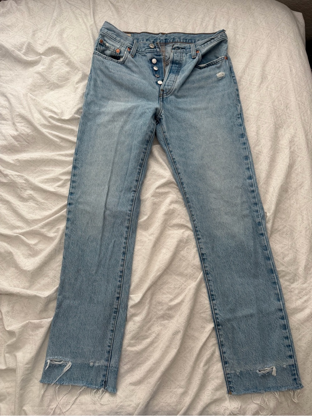 Levi's 501 Light Blue Women's Straight-Leg Jeans with Button Fly, Distressed Hem